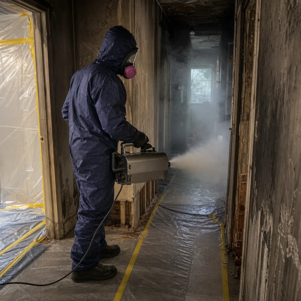 Professional technician performing fire and smoke damage restoration in a residential hallway