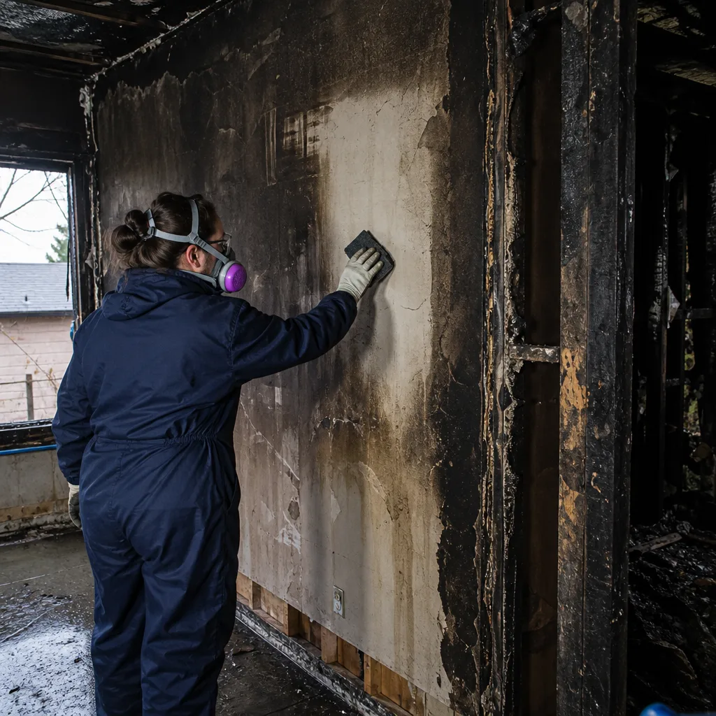 Professional cleaning soot from fire-damaged wall wearing PPE gear