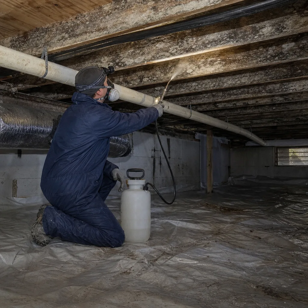 Technician in protective gear performing professional mold remediation in a crawlspace