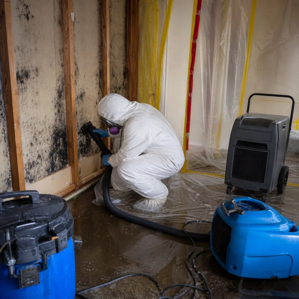 Technician in hazmat suit performing professional mold remediation on damaged wall