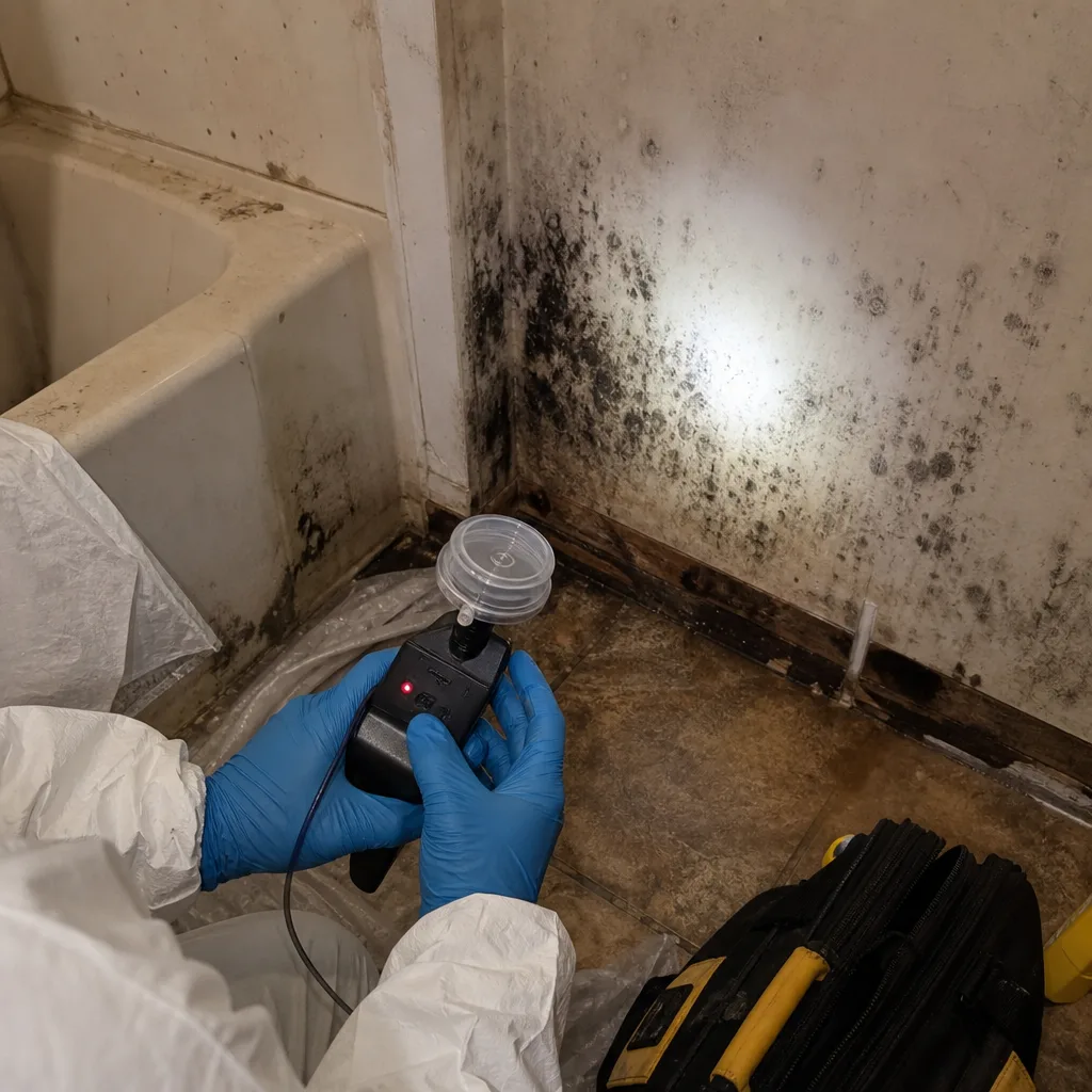 Technician performing professional mold remediation air quality testing