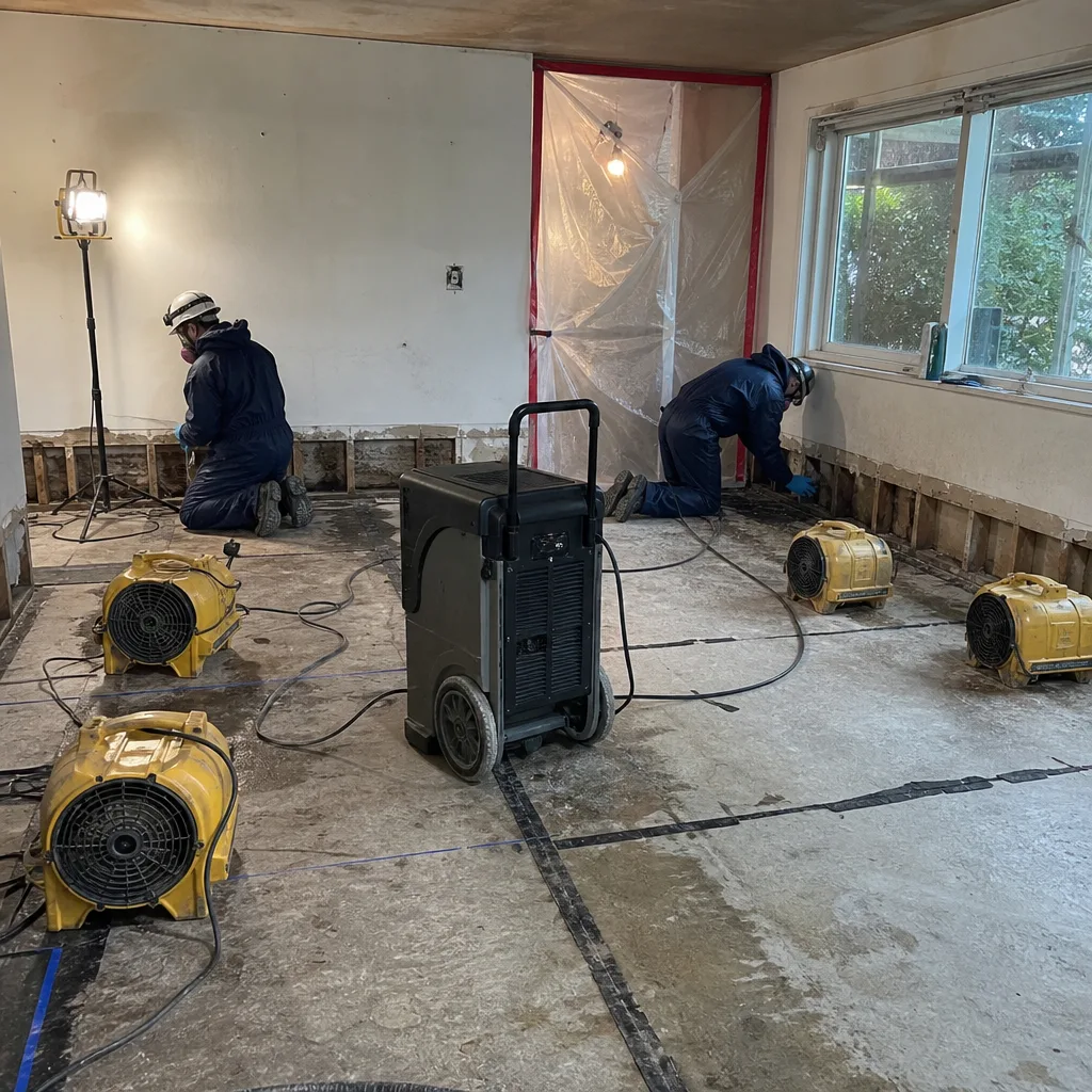 Technicians performing water damage restoration using industrial dehumidifiers and air movers